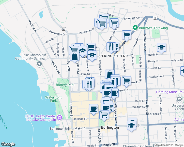 map of restaurants, bars, coffee shops, grocery stores, and more near 65 Peru Street in Burlington