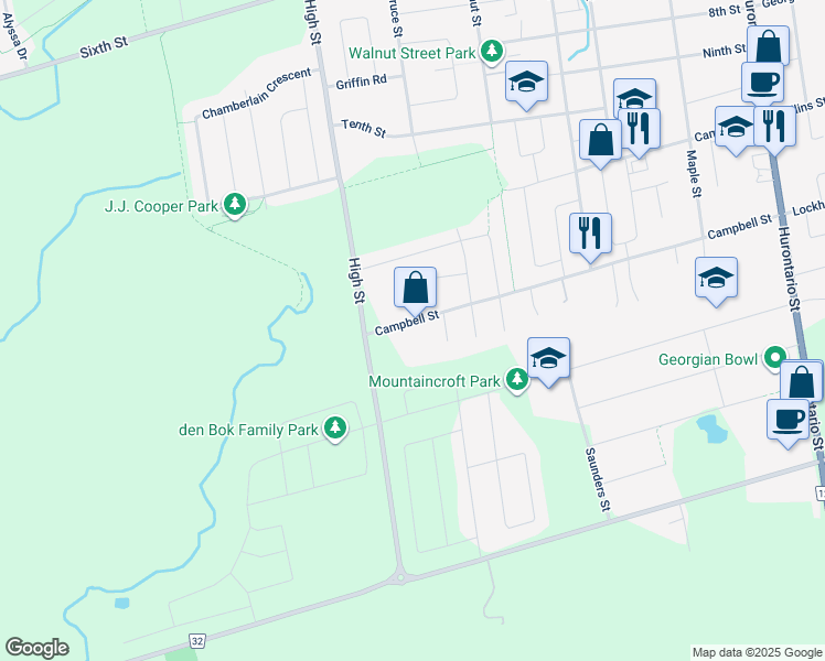 map of restaurants, bars, coffee shops, grocery stores, and more near 250 Campbell Street in Collingwood