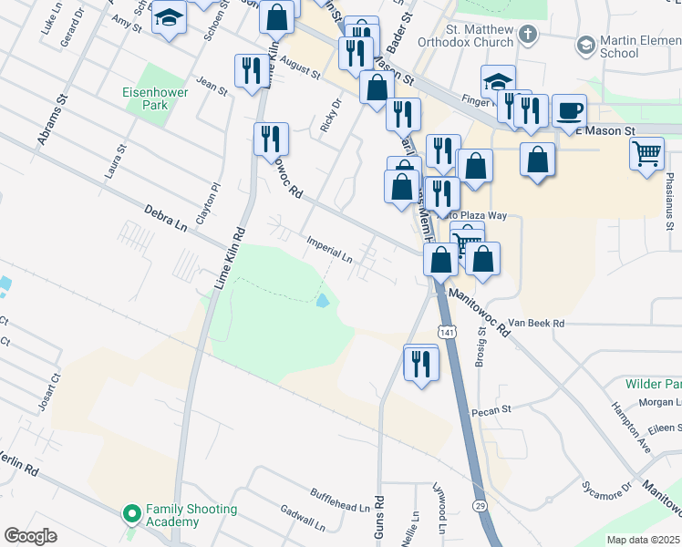 map of restaurants, bars, coffee shops, grocery stores, and more near 2210 Imperial Lane in Green Bay