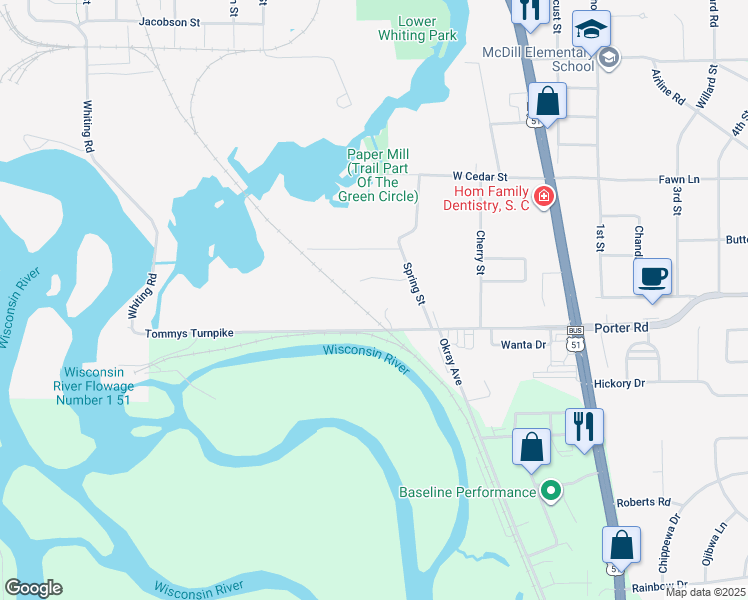 map of restaurants, bars, coffee shops, grocery stores, and more near 110 Mill Road Court in Stevens Point