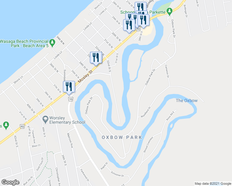 map of restaurants, bars, coffee shops, grocery stores, and more near 109 32nd Street South in Wasaga Beach