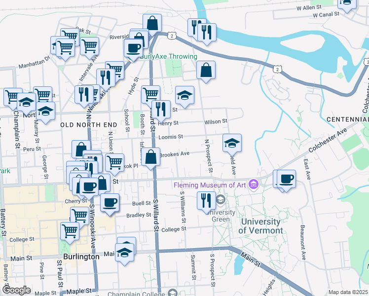 map of restaurants, bars, coffee shops, grocery stores, and more near 72 Brookes Avenue in Burlington