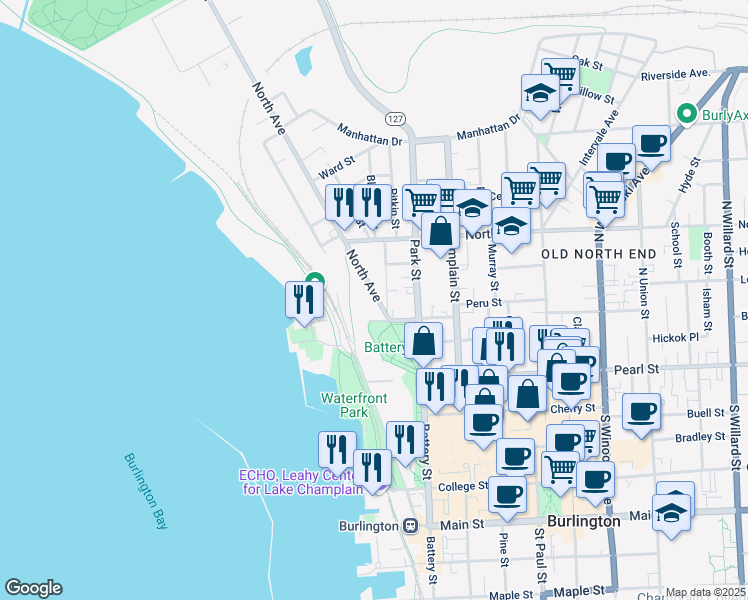 map of restaurants, bars, coffee shops, grocery stores, and more near 25 North Avenue in Burlington