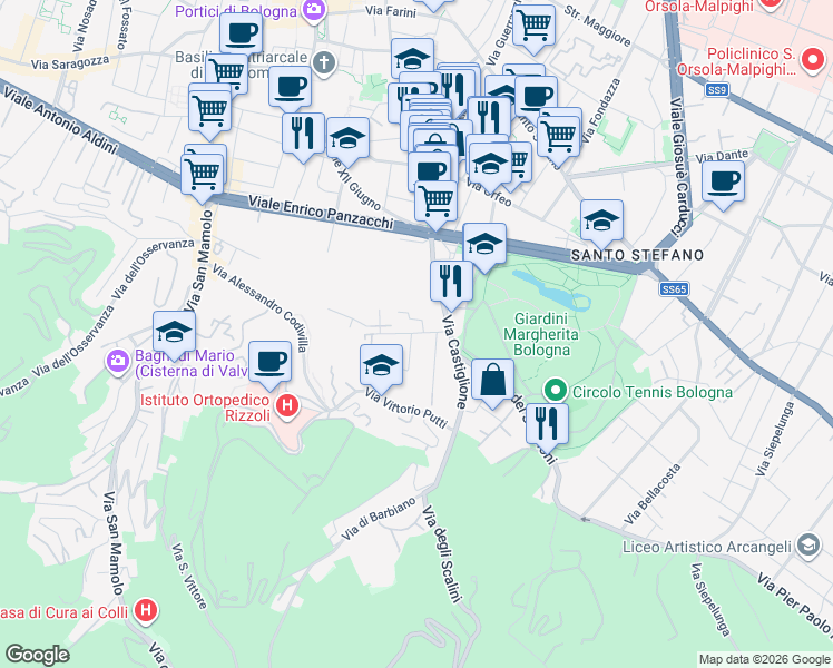 map of restaurants, bars, coffee shops, grocery stores, and more near 30 Via delle Rose in Bologna