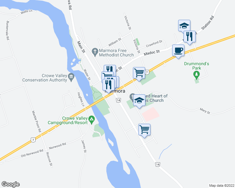 map of restaurants, bars, coffee shops, grocery stores, and more near 40 Forsyth Street in Marmora