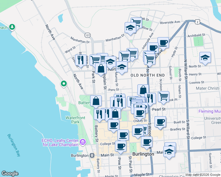 map of restaurants, bars, coffee shops, grocery stores, and more near 25 Peru Street in Burlington