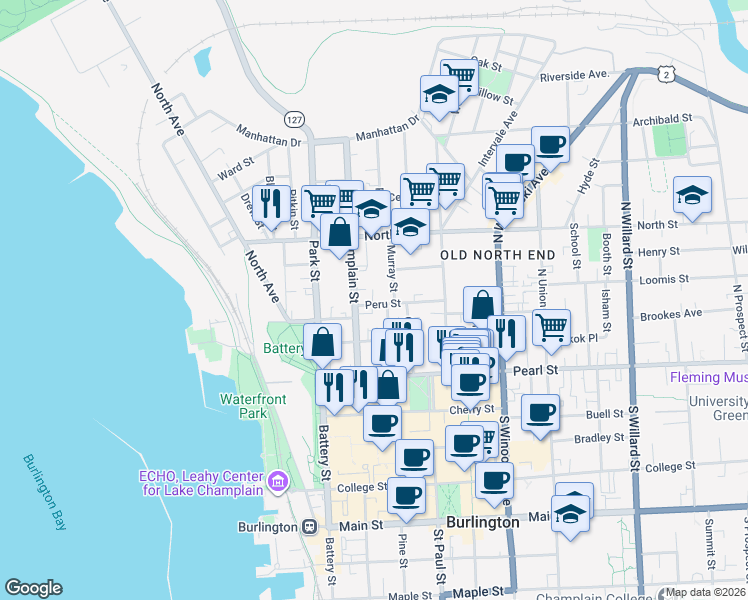 map of restaurants, bars, coffee shops, grocery stores, and more near 20 Peru Street in Burlington