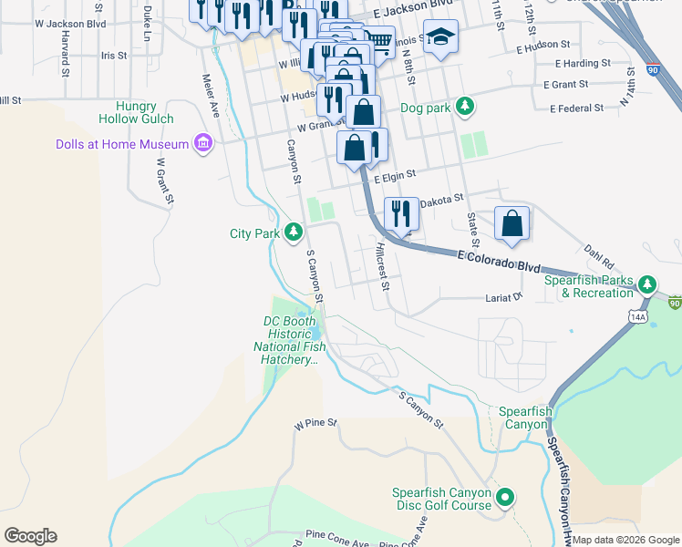 map of restaurants, bars, coffee shops, grocery stores, and more near 101-199 South 5th Street in Spearfish