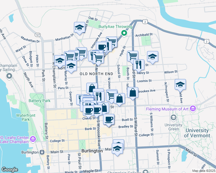 map of restaurants, bars, coffee shops, grocery stores, and more near 77 North Union Street in Burlington