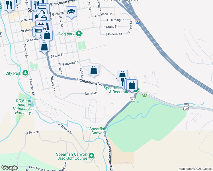 map of restaurants, bars, coffee shops, grocery stores, and more near 501 U.S. 14 Alternate in Spearfish