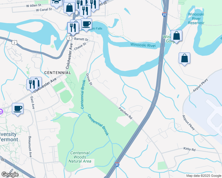 map of restaurants, bars, coffee shops, grocery stores, and more near 284 Grove Street in Burlington