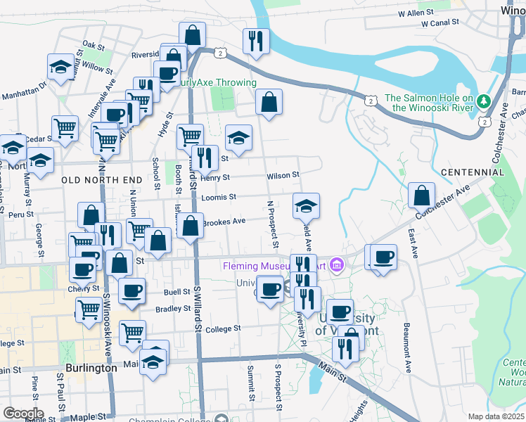 map of restaurants, bars, coffee shops, grocery stores, and more near 59 North Prospect Street in Burlington