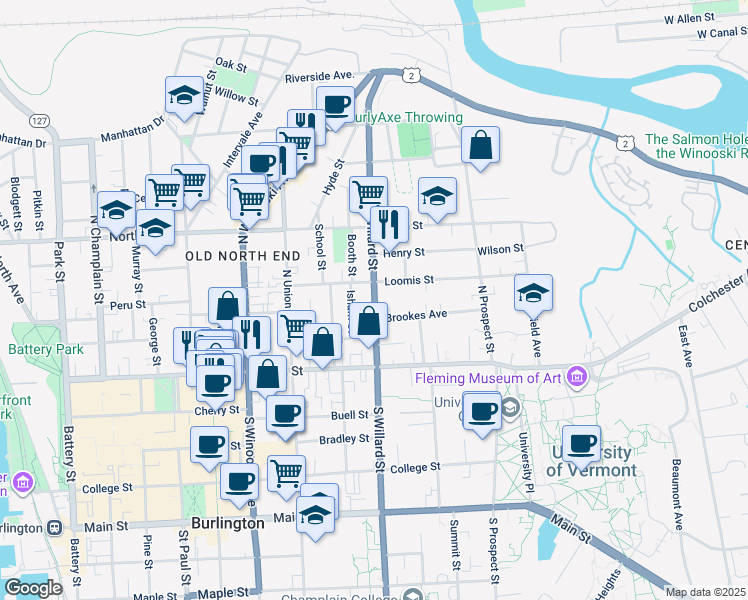 map of restaurants, bars, coffee shops, grocery stores, and more near 61 North Willard Street in Burlington