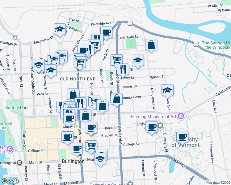 map of restaurants, bars, coffee shops, grocery stores, and more near 61 North Willard Street in Burlington