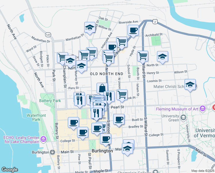 map of restaurants, bars, coffee shops, grocery stores, and more near 42 Grant Street in Burlington