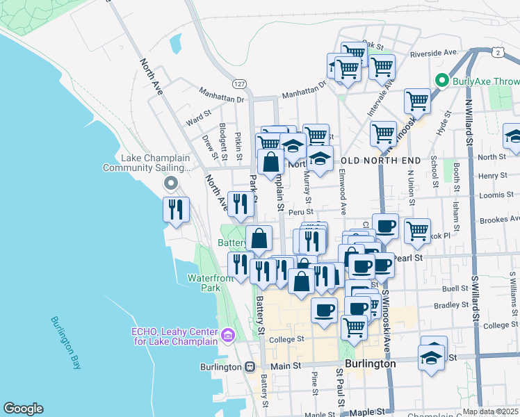 map of restaurants, bars, coffee shops, grocery stores, and more near 67 Park Street in Burlington