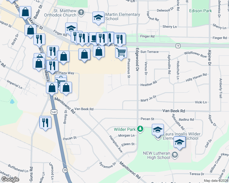 map of restaurants, bars, coffee shops, grocery stores, and more near 2422 Heather Road in Green Bay