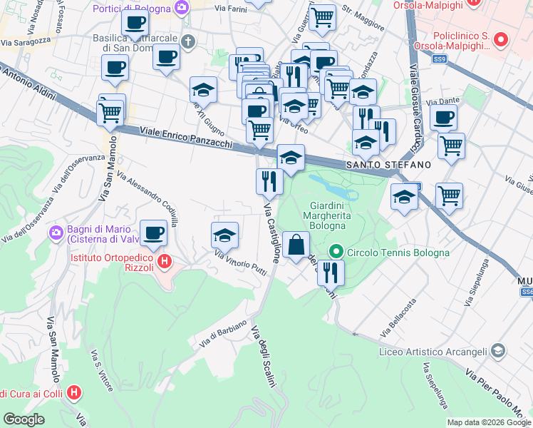 map of restaurants, bars, coffee shops, grocery stores, and more near 105-107 Via Castiglione in Bologna
