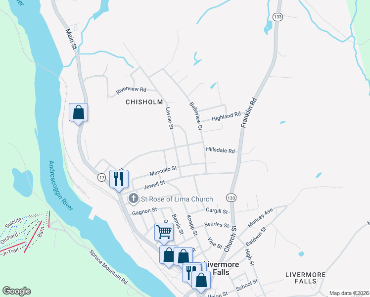 map of restaurants, bars, coffee shops, grocery stores, and more near 45 Elm Street in Jay