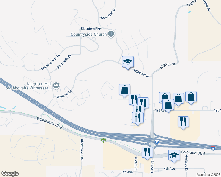 map of restaurants, bars, coffee shops, grocery stores, and more near Tranquility Lane in Spearfish