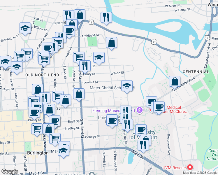 map of restaurants, bars, coffee shops, grocery stores, and more near 59 North Prospect Street in Burlington