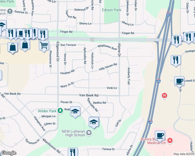 map of restaurants, bars, coffee shops, grocery stores, and more near 2627 Mary Jo Court in Green Bay