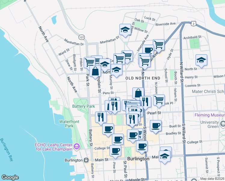 map of restaurants, bars, coffee shops, grocery stores, and more near 2 Murray Street in Burlington