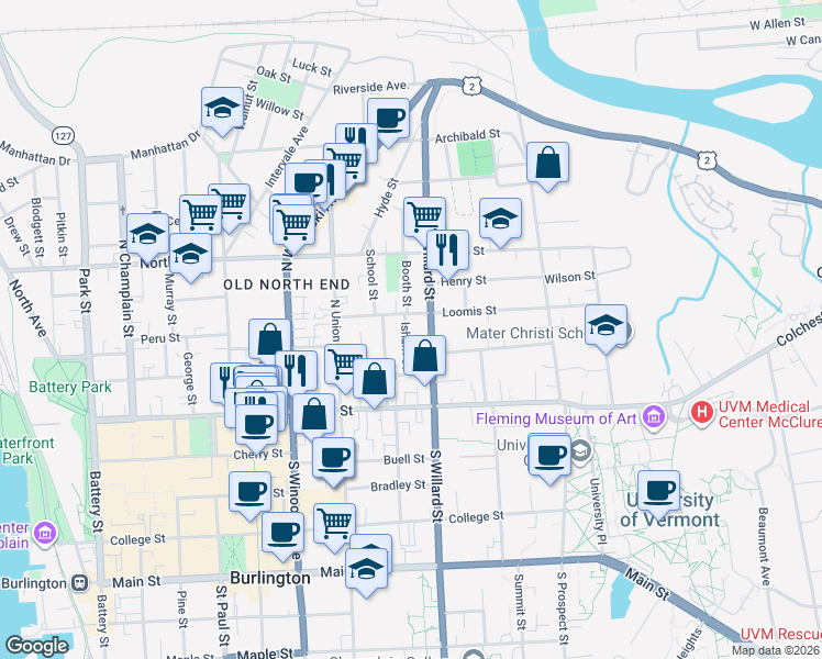 map of restaurants, bars, coffee shops, grocery stores, and more near 61 North Willard Street in Burlington