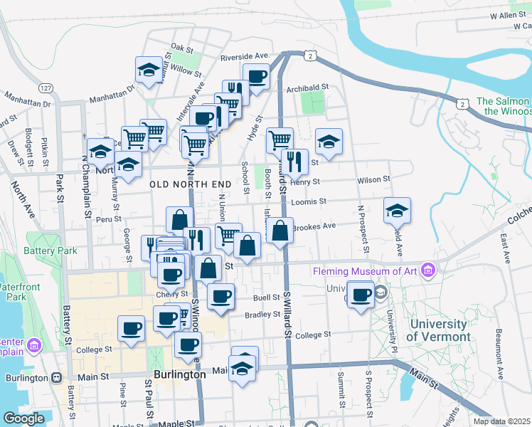 map of restaurants, bars, coffee shops, grocery stores, and more near 64 Greene Street in Burlington