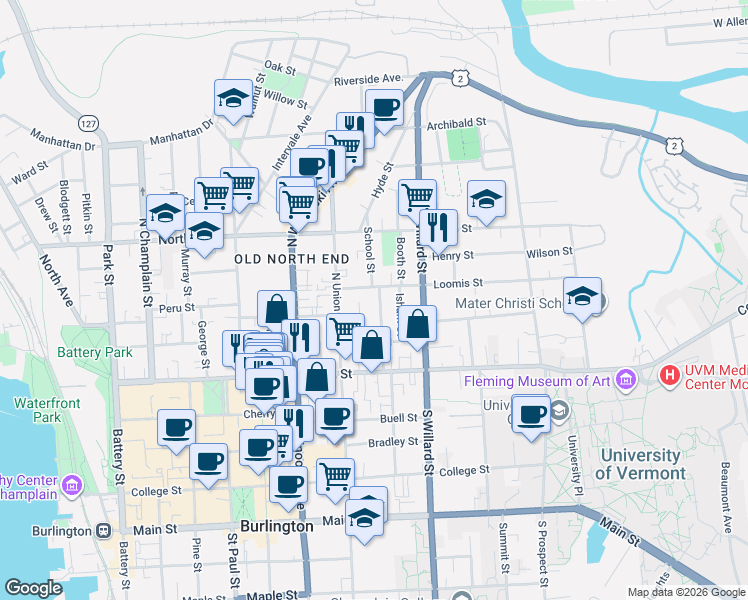 map of restaurants, bars, coffee shops, grocery stores, and more near 64 Greene Street in Burlington