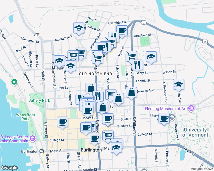 map of restaurants, bars, coffee shops, grocery stores, and more near 5 Loomis Street in Burlington