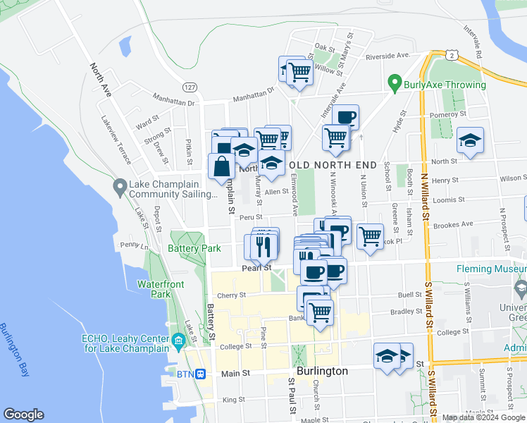 map of restaurants, bars, coffee shops, grocery stores, and more near 65 Peru Street in Burlington