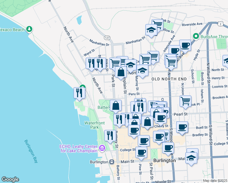 map of restaurants, bars, coffee shops, grocery stores, and more near 67 Park Street in Burlington