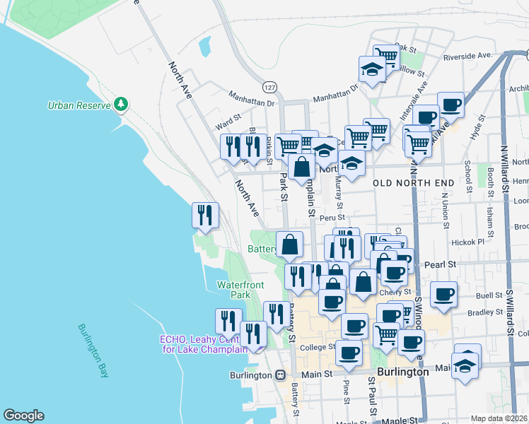 map of restaurants, bars, coffee shops, grocery stores, and more near 25 North Avenue in Burlington