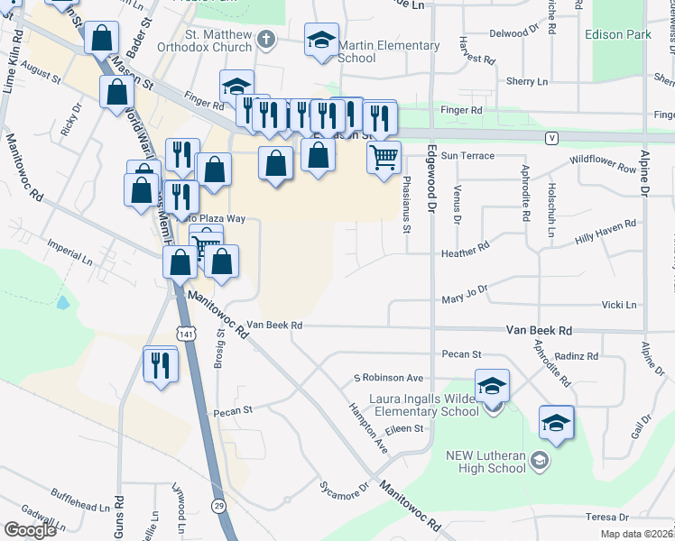 map of restaurants, bars, coffee shops, grocery stores, and more near 2404 Heather Court in Green Bay