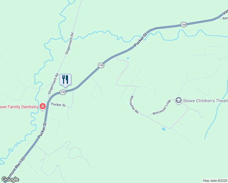 map of restaurants, bars, coffee shops, grocery stores, and more near 258 Mansfield View Rd in Stowe