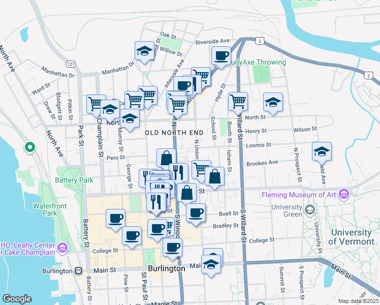 map of restaurants, bars, coffee shops, grocery stores, and more near 85 North Union Street in Burlington