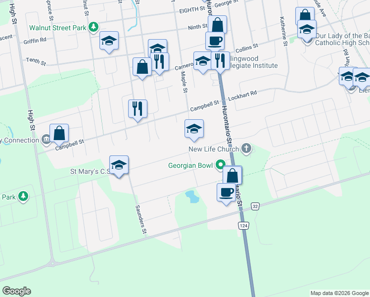 map of restaurants, bars, coffee shops, grocery stores, and more near 65 Findlay Drive in Collingwood