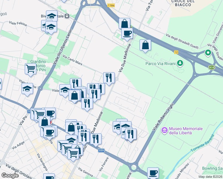 map of restaurants, bars, coffee shops, grocery stores, and more near 1 Via Due Madonne in Bologna