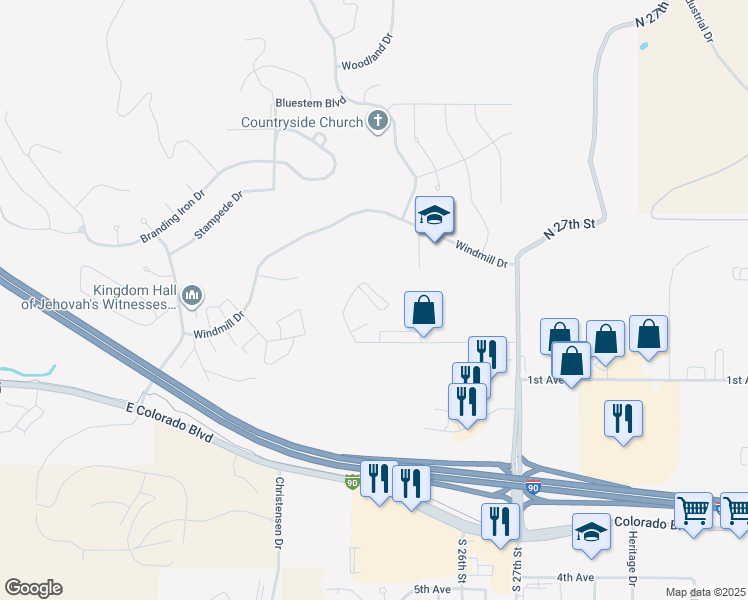 map of restaurants, bars, coffee shops, grocery stores, and more near 412 Tranquility Lane in Spearfish