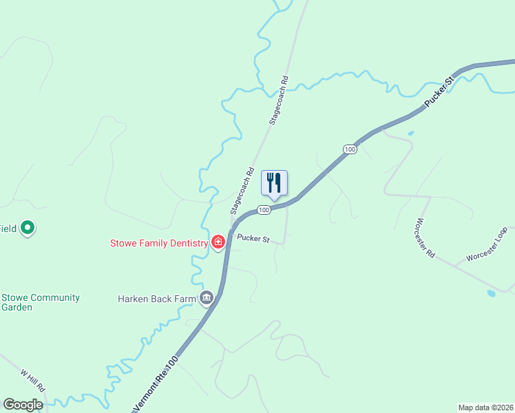 map of restaurants, bars, coffee shops, grocery stores, and more near 1742 Pucker Street in Stowe
