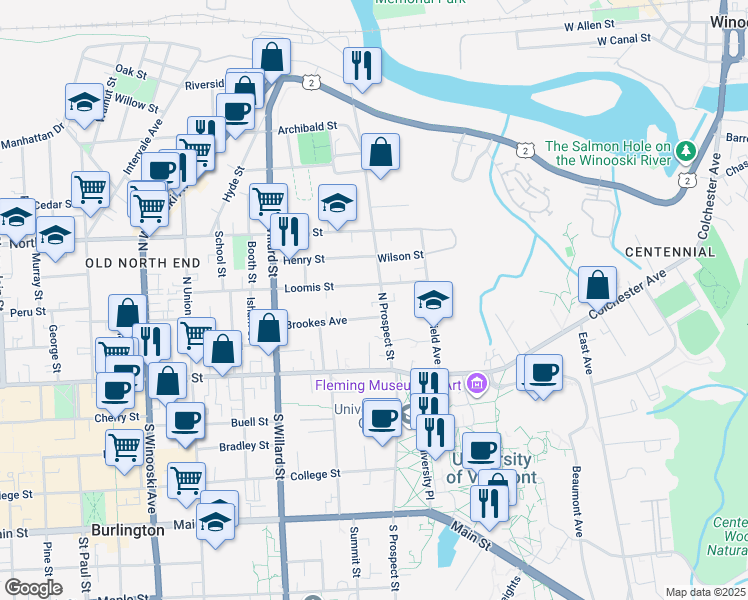 map of restaurants, bars, coffee shops, grocery stores, and more near 59 North Prospect Street in Burlington