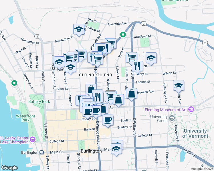 map of restaurants, bars, coffee shops, grocery stores, and more near 5 Loomis Street in Burlington