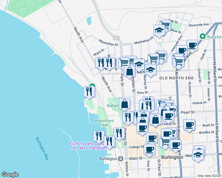 map of restaurants, bars, coffee shops, grocery stores, and more near 25 North Avenue in Burlington