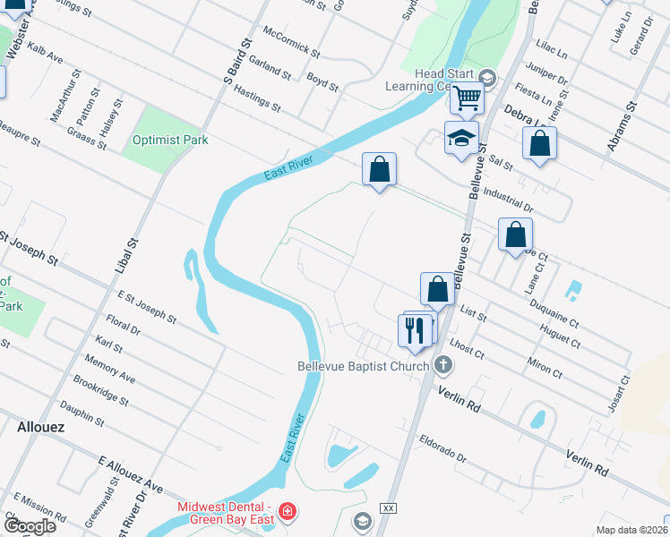 map of restaurants, bars, coffee shops, grocery stores, and more near 1591 Windsor Drive in Green Bay