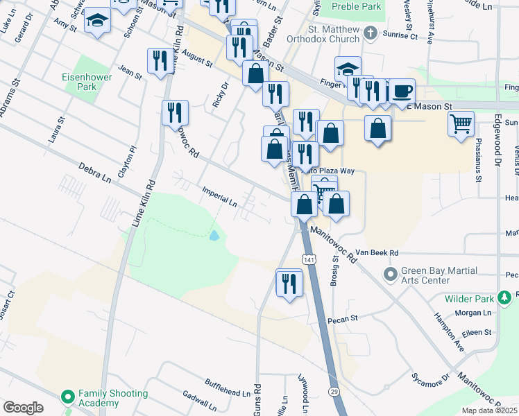 map of restaurants, bars, coffee shops, grocery stores, and more near 2251 Imperial Lane in Green Bay