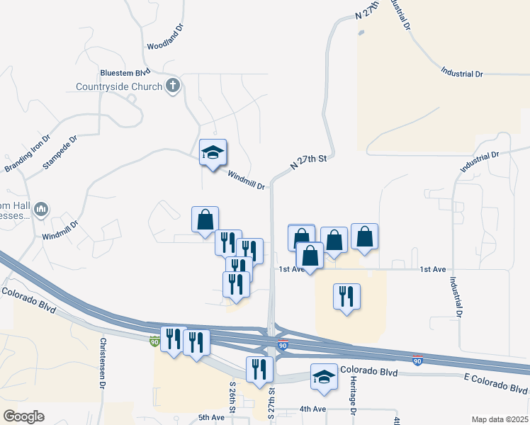map of restaurants, bars, coffee shops, grocery stores, and more near 511 North 27th Street in Spearfish