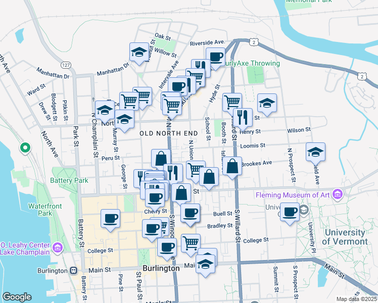 map of restaurants, bars, coffee shops, grocery stores, and more near 5 Loomis Street in Burlington