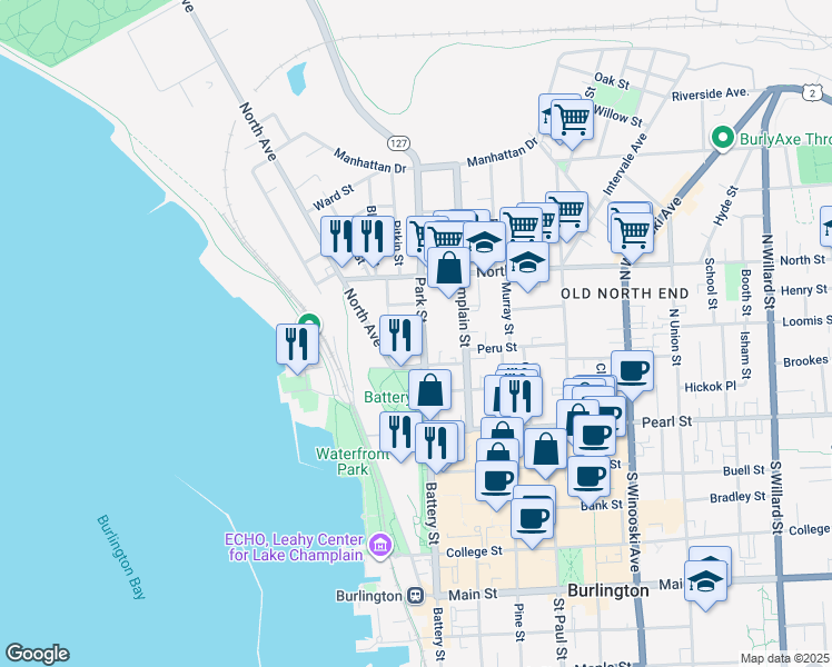 map of restaurants, bars, coffee shops, grocery stores, and more near 83 Park Street in Burlington