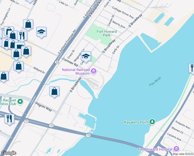 map of restaurants, bars, coffee shops, grocery stores, and more near 2285 South Broadway in Green Bay